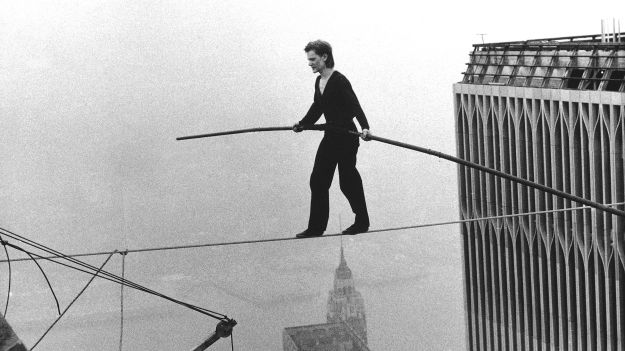 Philippe Petit crossing between the Twin Towers of the World Trade Center, 1974