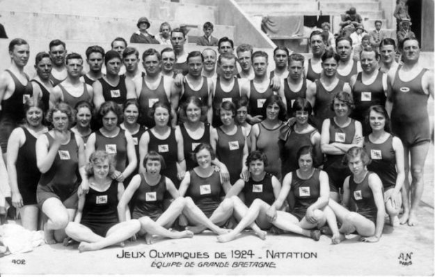 The GB Swim Teams -1924 Olympics. Men and women's suits are identical and made from wool.
